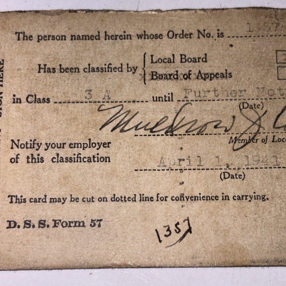Notice Of Classification D.S.S. Form 57 1941 Class 3-A