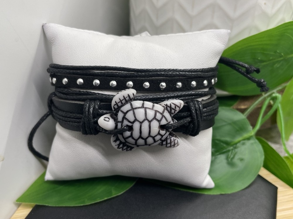 2 PC Leather Bracelet Stackable Adjustable Tie Free Turtle Charm B5213