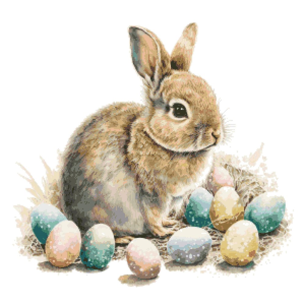Cute Easter Bunny with Colored Eggs Counted Cross Stitch Pattern Pixel Art