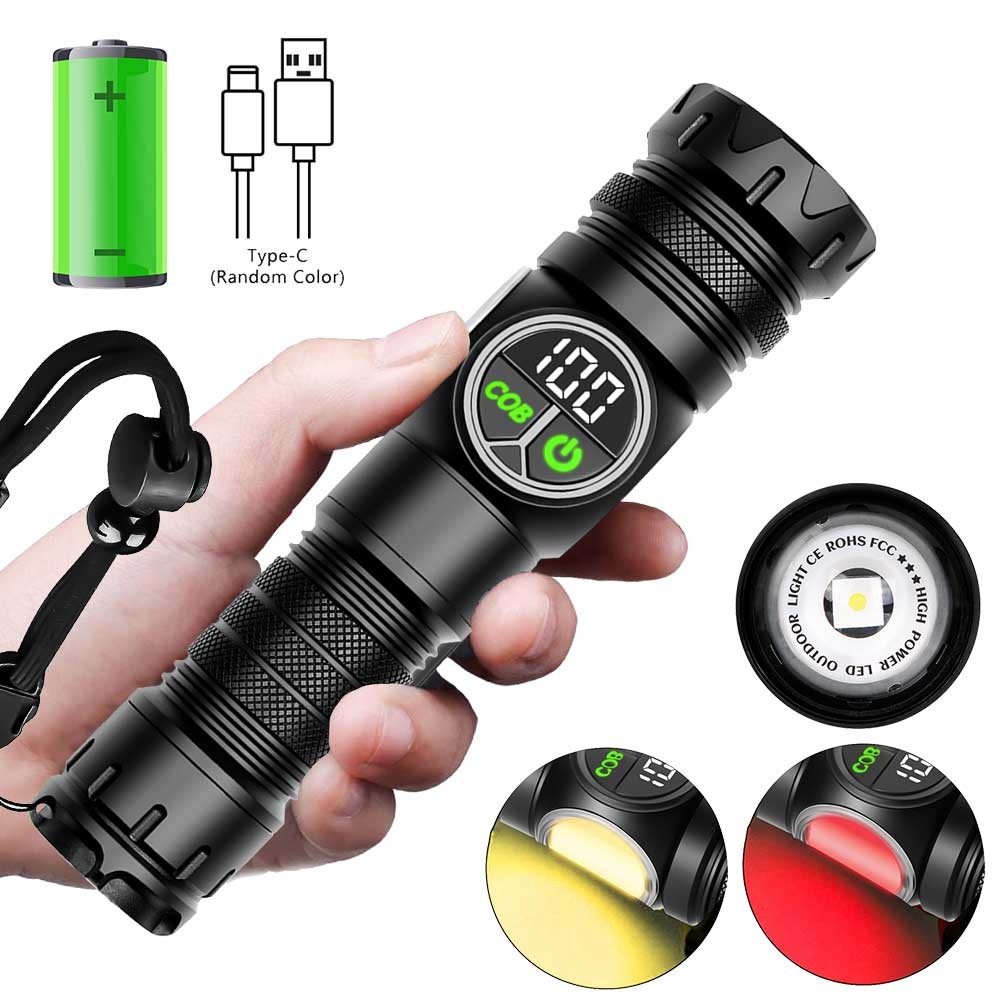 Laser White LED Flashlight Torch COB Yellow Red Camping Light Zoom USB Charging