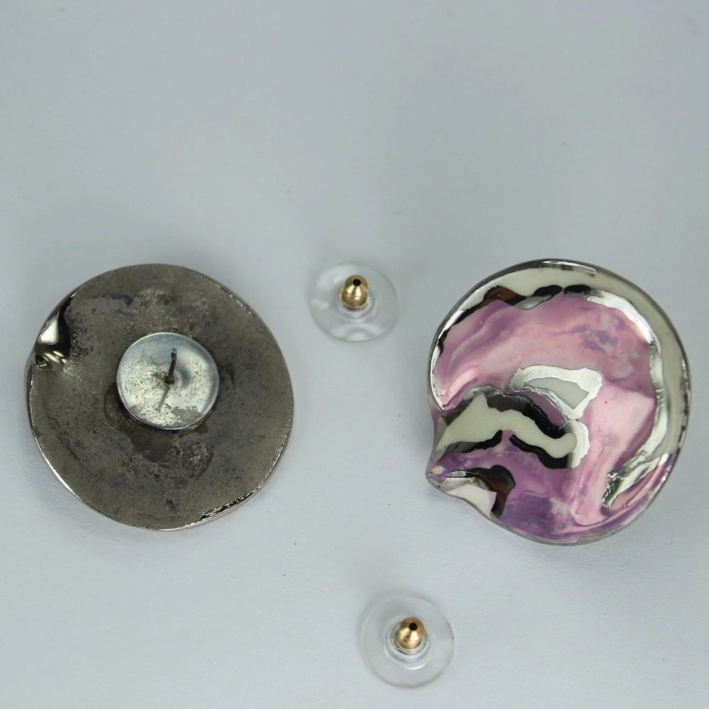 Free Form Large Ceramic Post Earrings - Lavender Purple White Silver