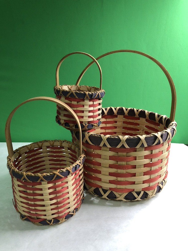 Set 3 Round Handled Woven Baskets Wood Nesting Large Medium Small Signed 2001