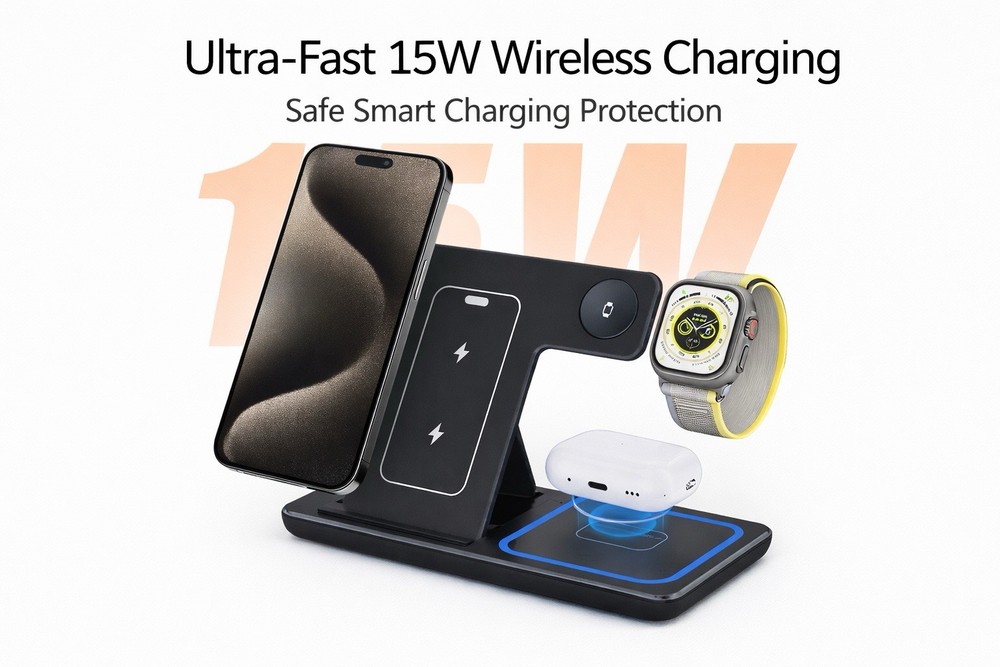 3-in-1 Foldable Wireless Fast Charging Stand for Apple Devices, Black