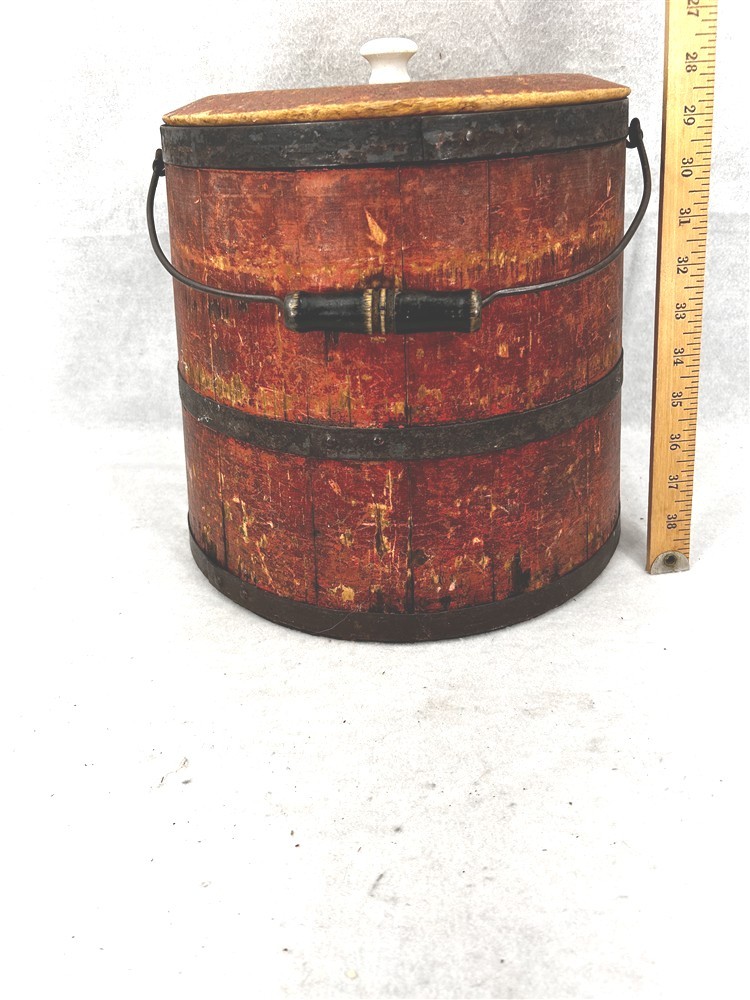 antique bucket with lid & handle old red paint solid original mid 1800s