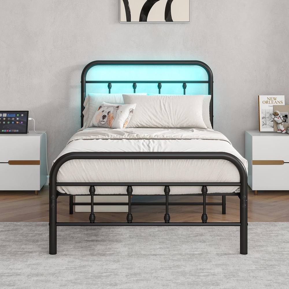 Twin Size Bed Frame with Headboard,Platform Bed with Charging Station and LED...
