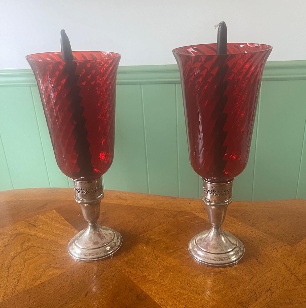 Vintage Pair Sterling Silver Ruby Red Glass Hurricane Candle Holders
