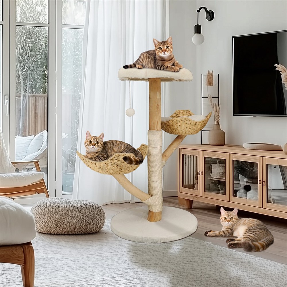 Solid Willow Wood Cat Tree w/ Soft White Bed & Scratching Post for 3 Large Cats