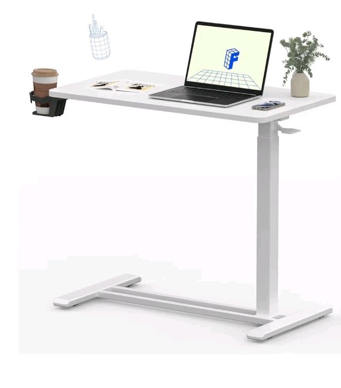 FLEXISPOT H7 White Overbed Bedside Table w Wheels + Pneumatic Adjustable
