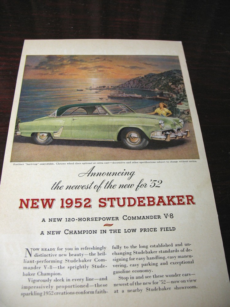 STUDEBAKER  1952 COMMANDER V-8 ADVT. ORIGINAL 1952 9X6'' EXCELLENT COND.