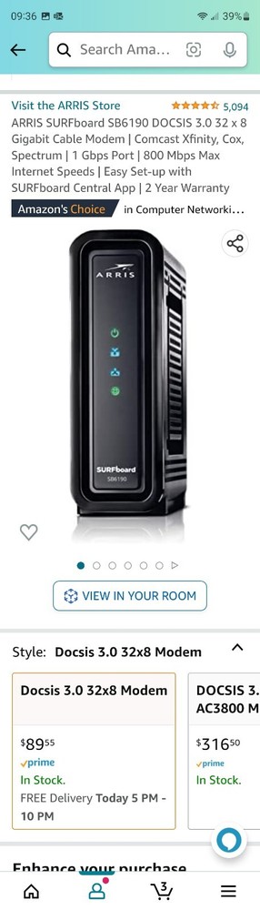 ARRIS SURFboard SB6190 DOCSIS 3.0 Cable Modem Black
