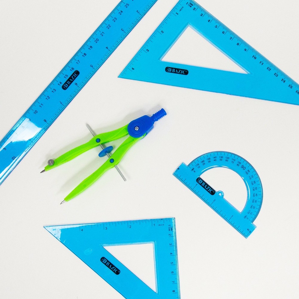 5-Piece Geometry Ruler Straight Triangle Protractor Compass Bazic New