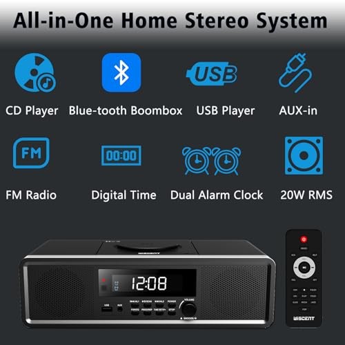 Compact Stereo System with CD Player, Bluetooth, Dual Alarms Clock, FM Black