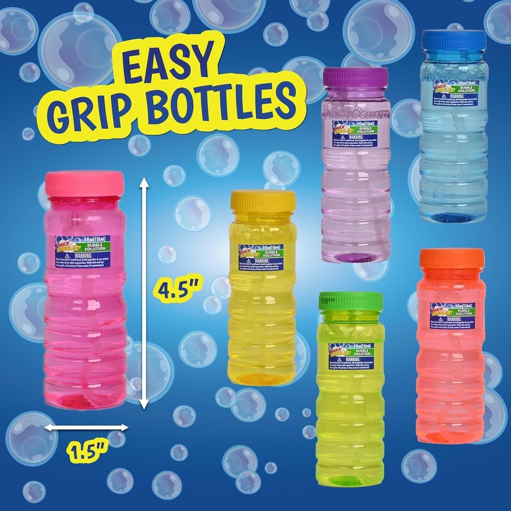 6-Pack 4oz Bubble Solution - Non-Toxic Fun with Easy Grip Bottles & 6-Hole Wands