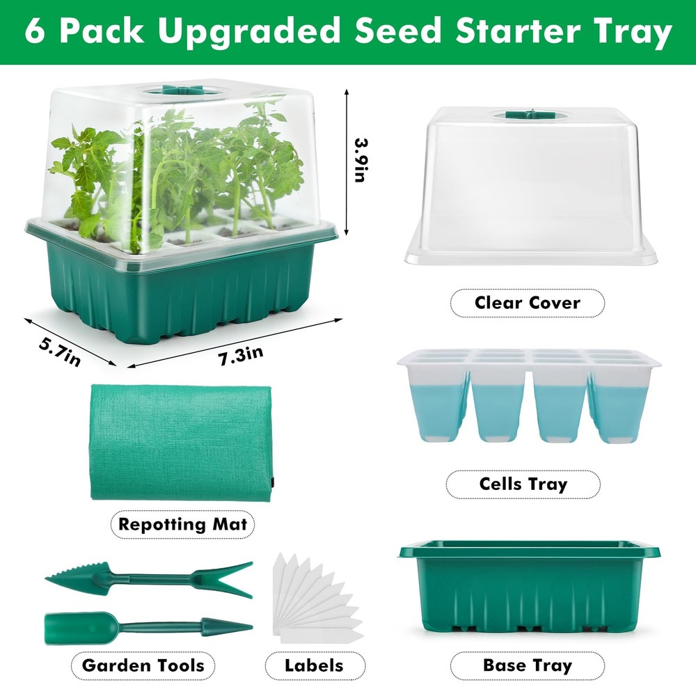 Reusable Seed Starter Tray with 72 Soft Silicone Cells, 6 Pack Seed Starter K...