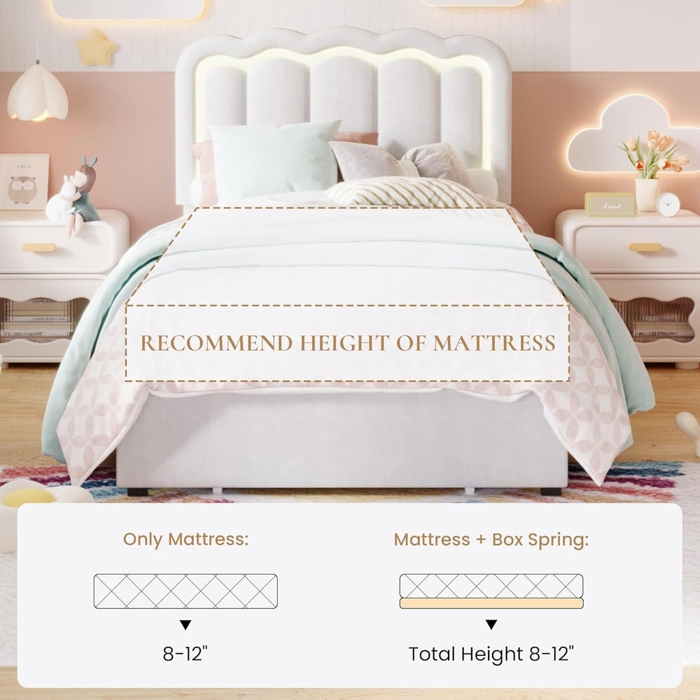 SHA CERLIN Upholstered Twin Size Bed Frame with LED Lights and Large Storage Dra