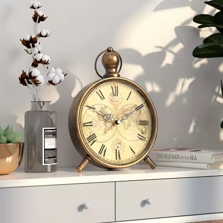 Antique/Map-Style Metal Table Clock with Silent Movement