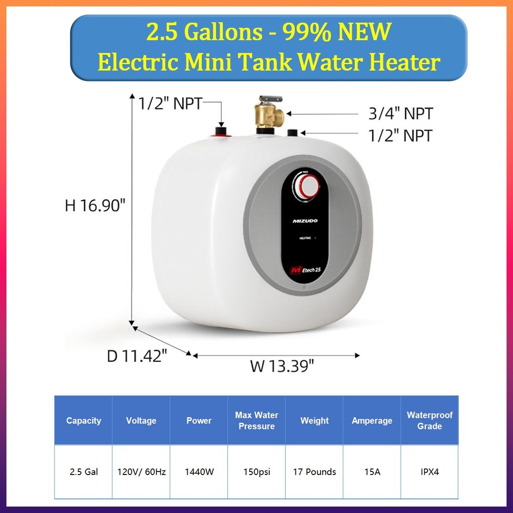 Electric Mini Tank Water Heater 2.5 Gallon Under Sink Water Heater Instant Hot