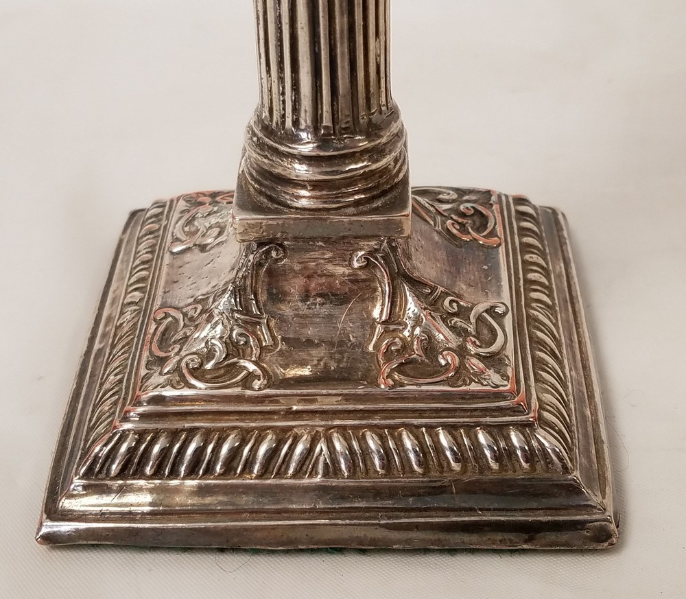 Pair Antique Sheffield Silver on Copper Neo-classical Taper Candlesticks