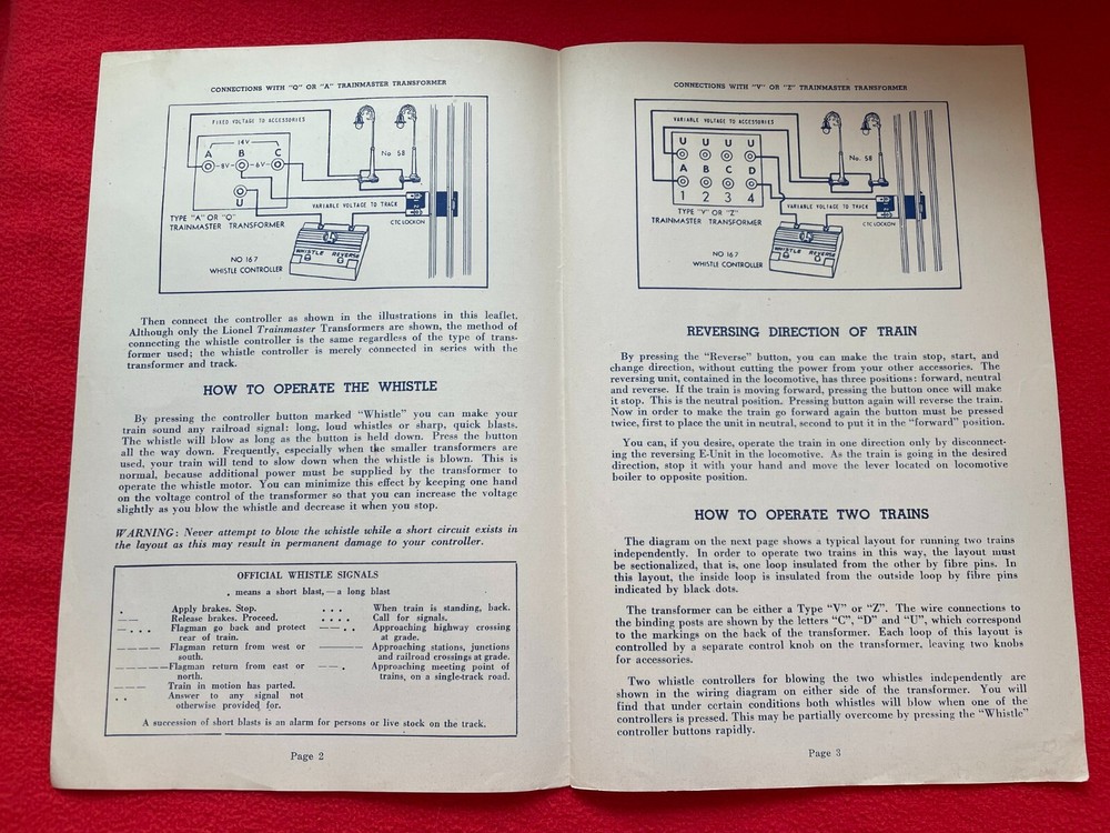 C8 LIONEL POSTWAR 167 WHISTLE CONTROLLER OPERATING INSTRUCTIONS 1955