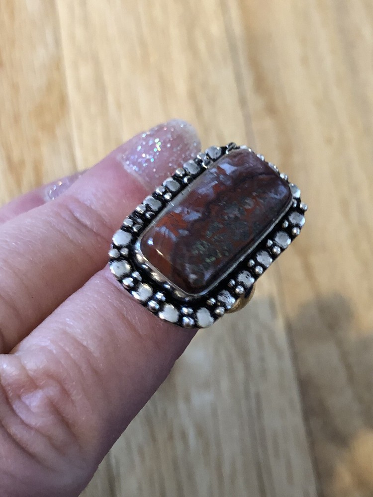 Red Lake Superior Agate Rectangular Cushion Ring Size 7.5 Artisan Southwest