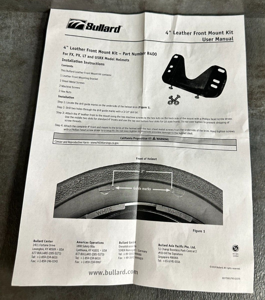 Bullard R400, 4" Leather Front Bracket for PX, FX, USRX, LTX Helmets