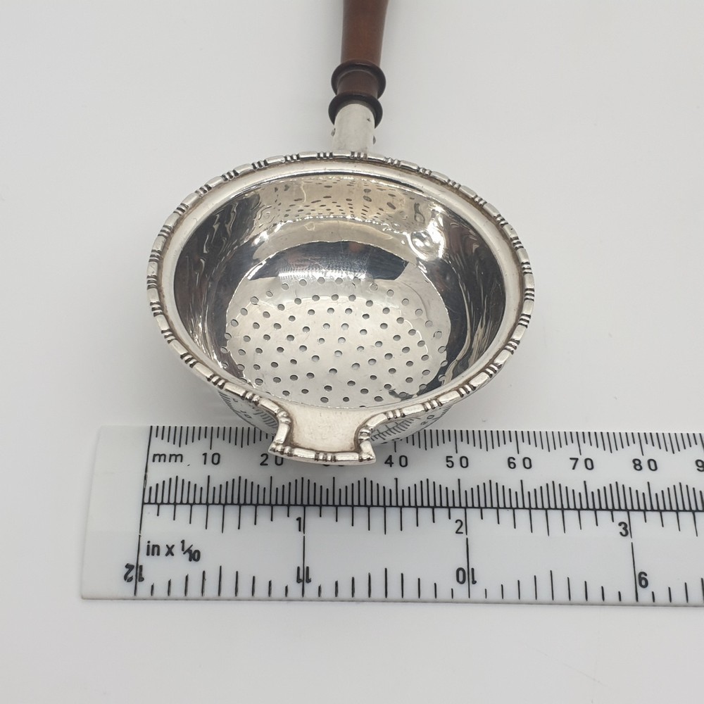 Art Deco Sterling Silver Tea Strainer & Plain Bowl Wooden Handle