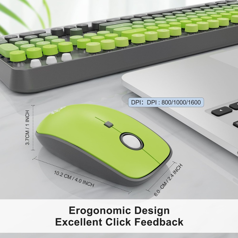 Grey Green Gradient Wireless Keyboard Mouse Combo 2.4GHz Retro USB Receiver