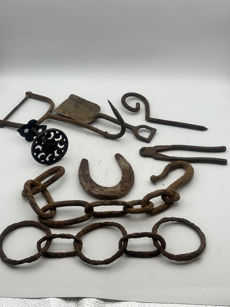 Vintage Rustic Iron Wall Decor Tools Chains And Black Coat Hanger