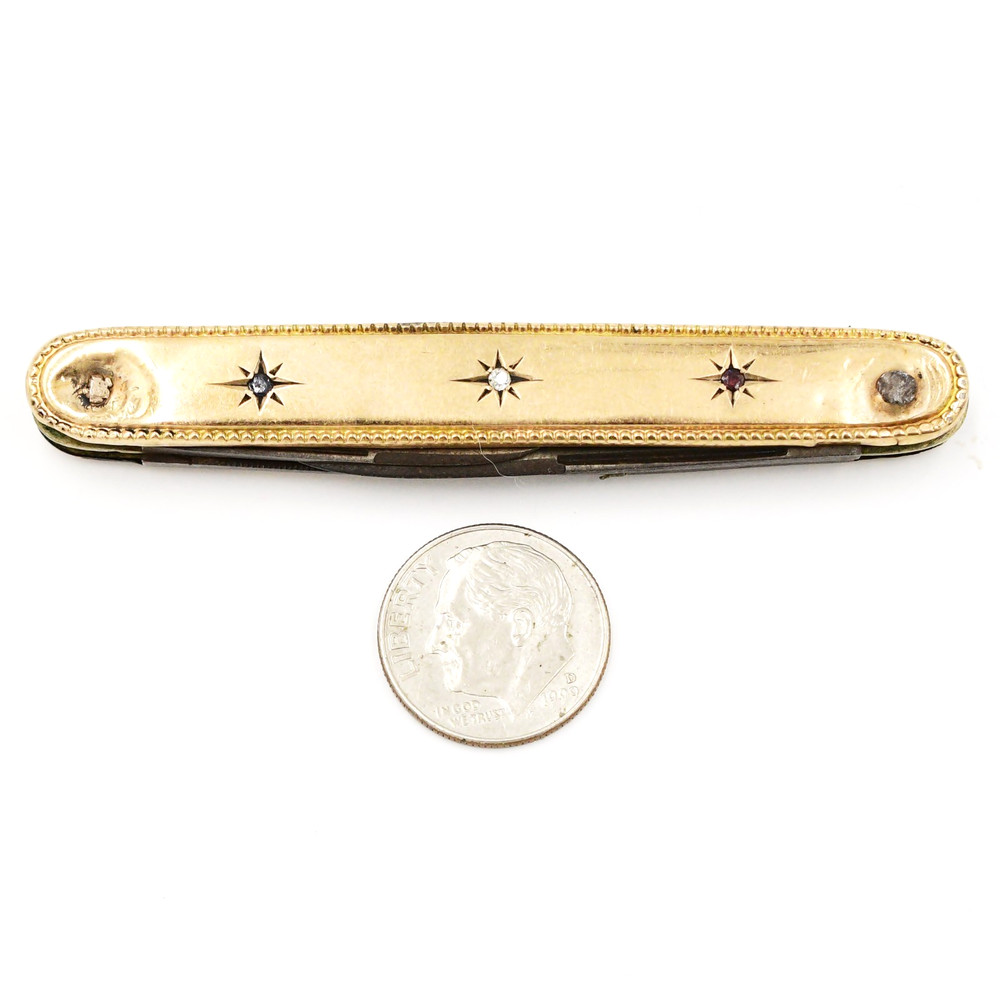 Gold Filled Antique Sapphire Diamond & Ruby Gemstone Pocket Knife