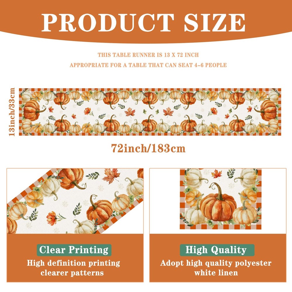 Pumpkin Fall Table Runner, Autumn Thanksgiving Pumpkin Kitchen Dining Table D...