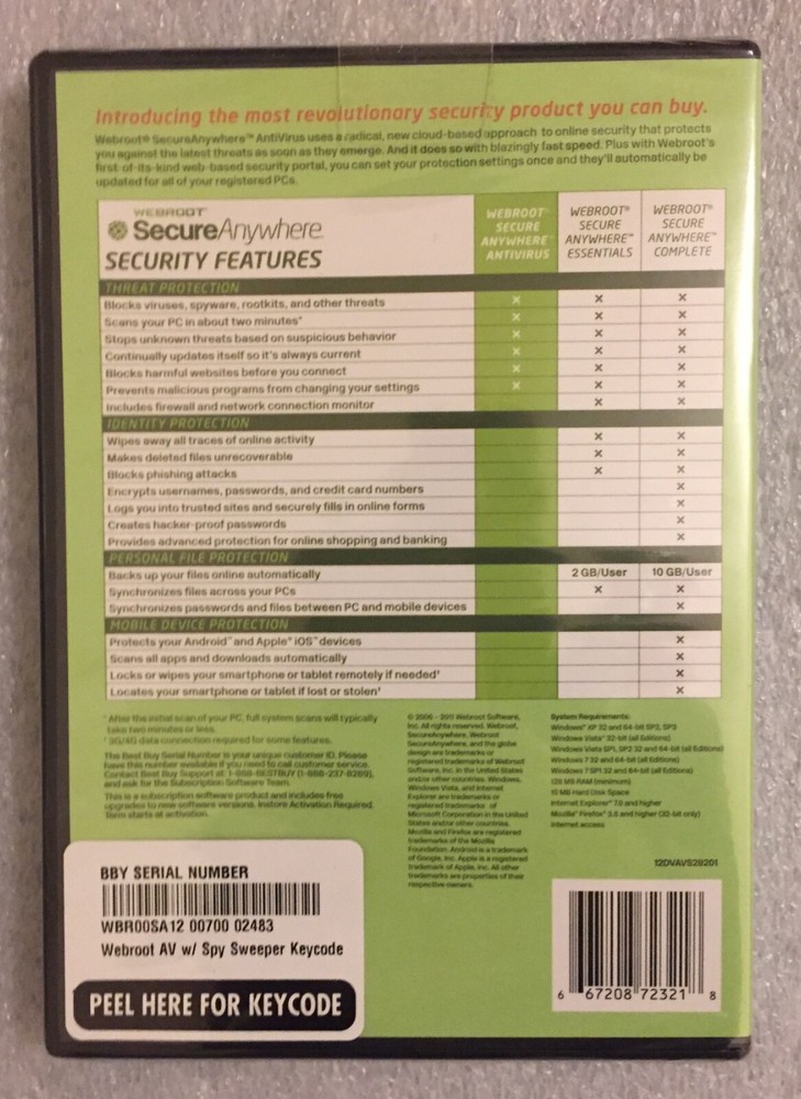 Webroot SecureAnywhere AntiVirus 2011 Software with Spy Sweeper Keycode