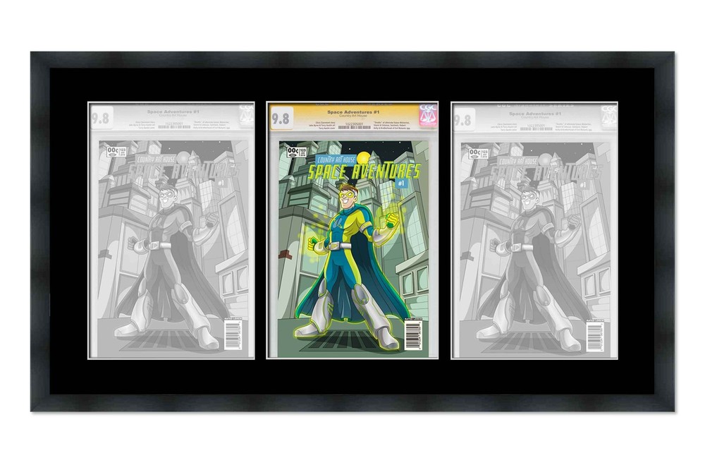 Black Comic Book Frame With Black Mat For 3 Graded Comic Books
