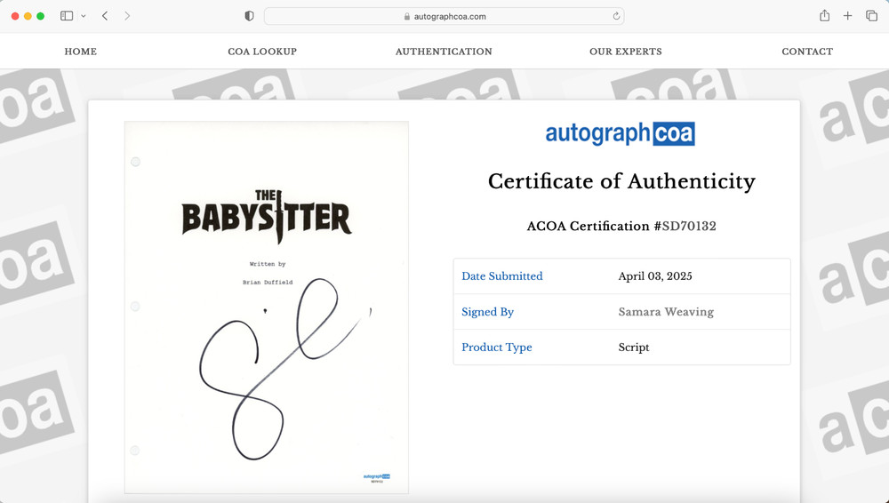 Samara Weaving The Babysitter signed Script full 93 pages ACOA COA Autograph