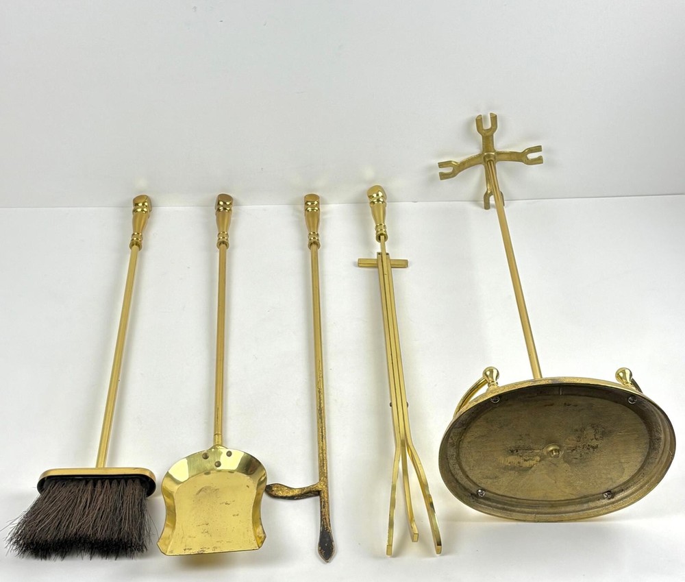 Vintage Regency Style Polished Heavy Solid Brass Fireplace 5 Piece Tool Set 31in