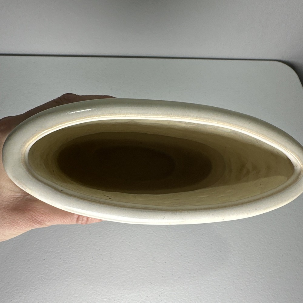 MCM Pottery Ceramic Planter Oval Off White Glazed Scroll Leaf Design Shabby Chic