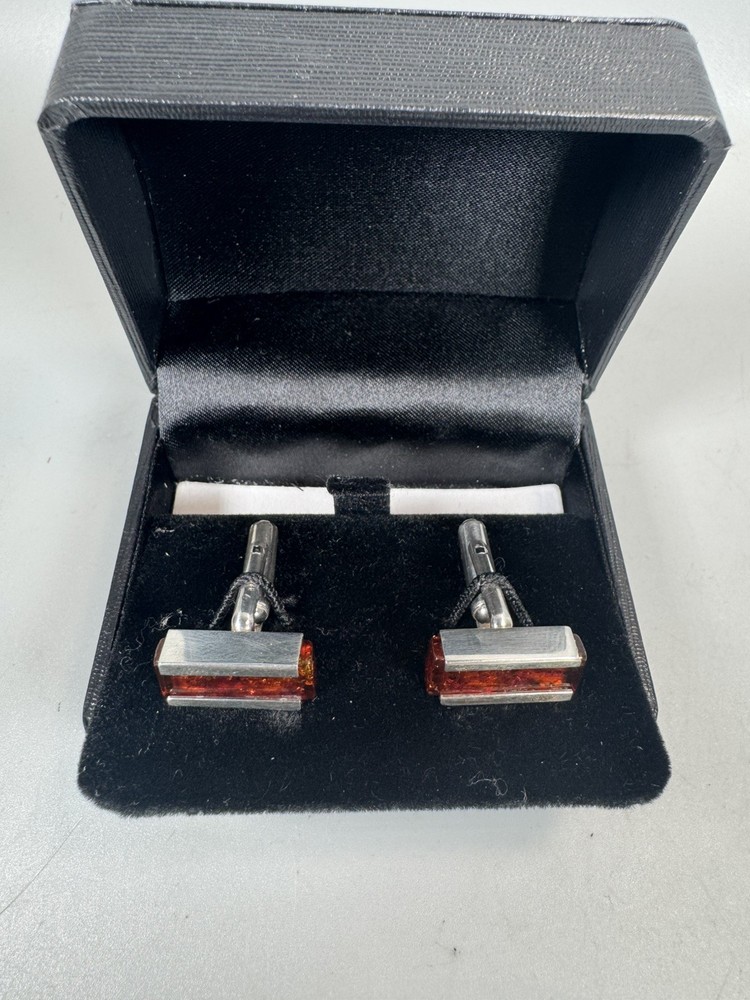 Sterling Silver 925 Cufflinks with Baltic Amber Rectangular Design – New in Box
