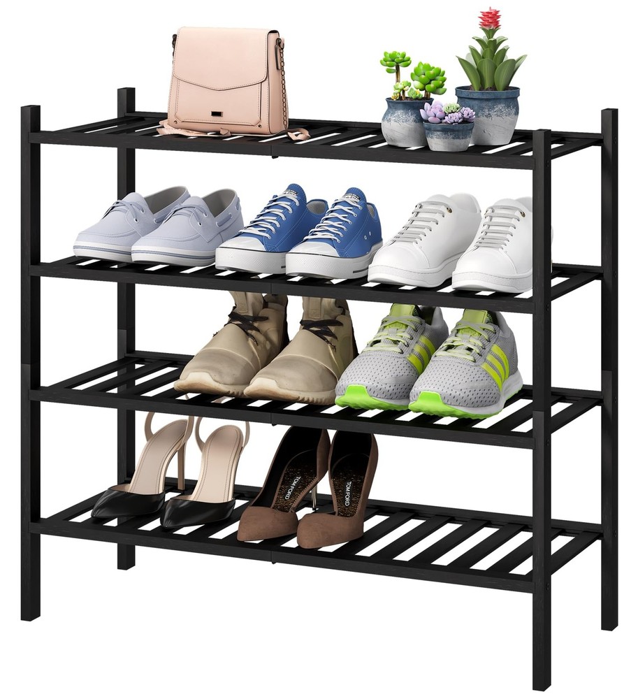 4Tier Black Bamboo Shoe Rack, Foldable Stackable FreeStanding for Entryway