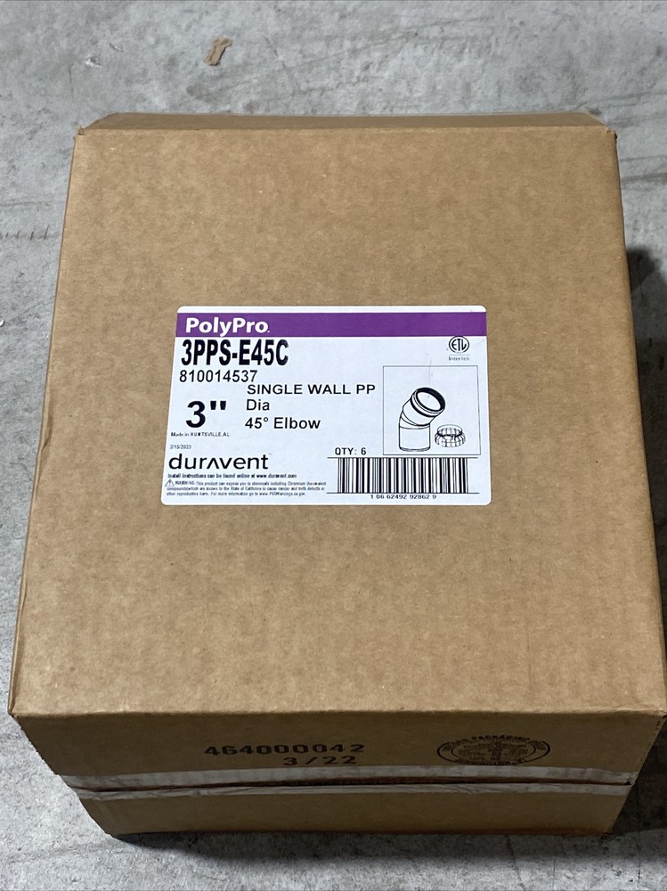 DuraVent PolyPro 3PPS-E45C - 3" Single Wall PP - Elbow 45 Degree Qty:6 New