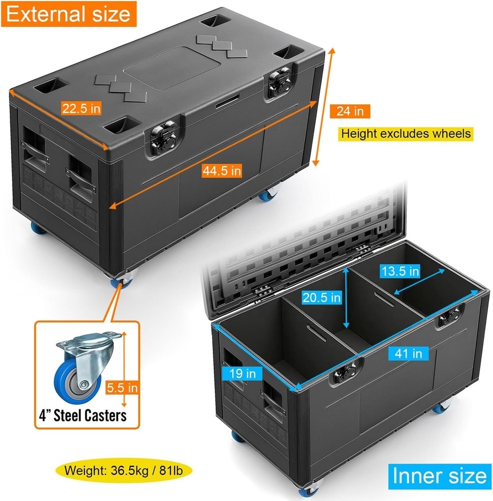 44" x 22" x 24"Cable Trunk Road Case w/Casters and Divider Stackable Road Case