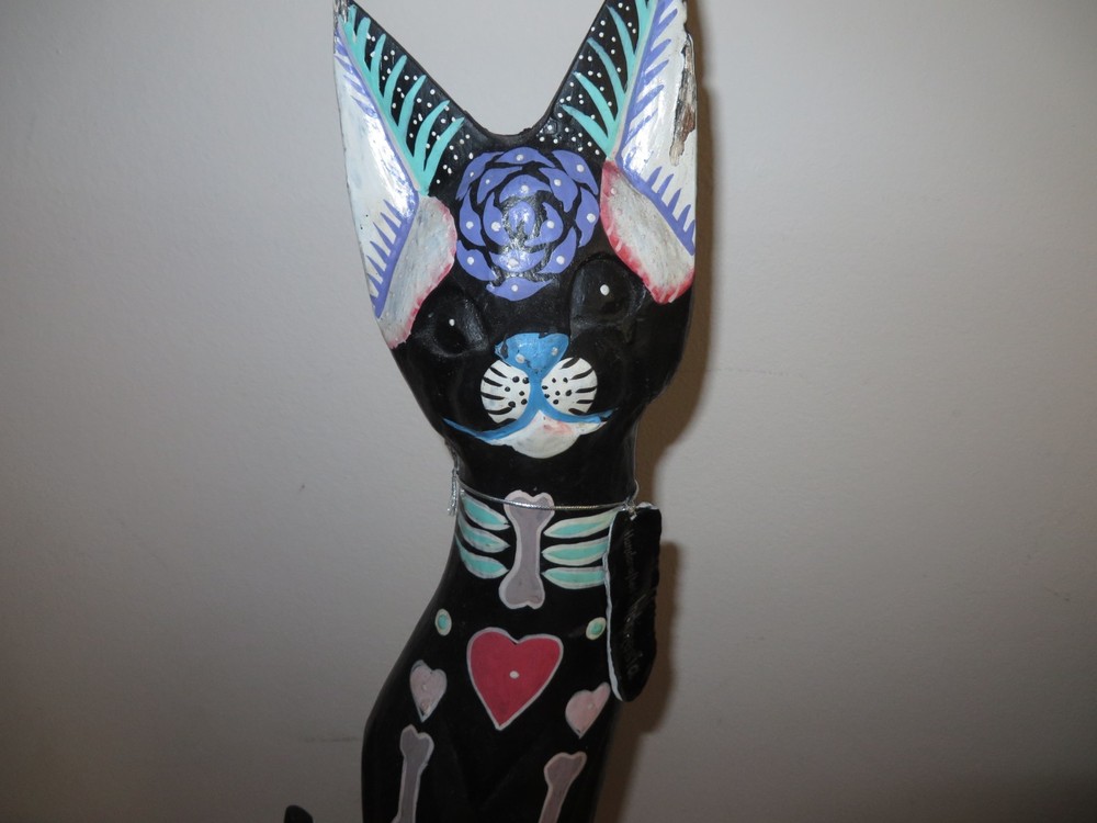 Solid Wood Skeleton Cat Statue Figure Made in Indonesia.