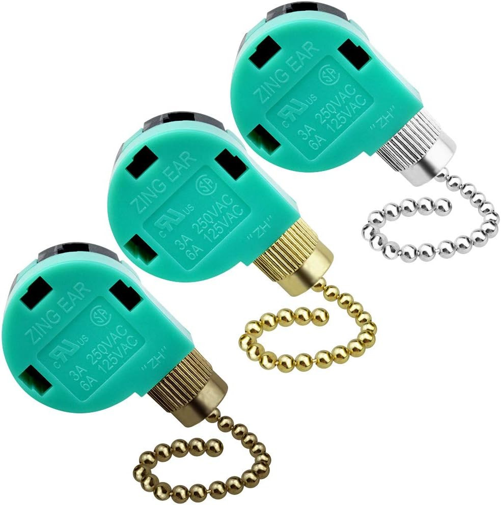 3 Pack Ceiling Fan Switch 3 Speed 4 Wire Zing Ear ZE-268S6 Fan Pull Chain Switch