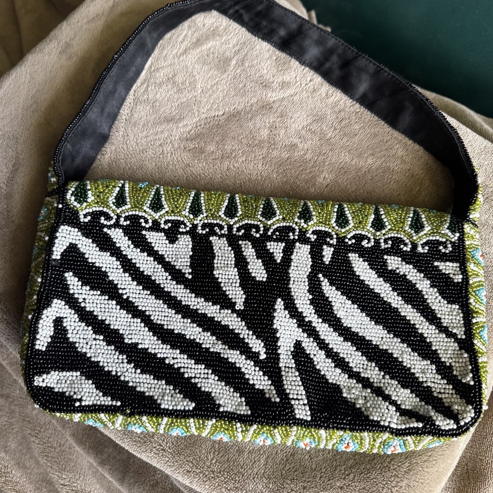 Cacle Small Seed Beaded Purse Hand Beaded Peacock Feather Look
