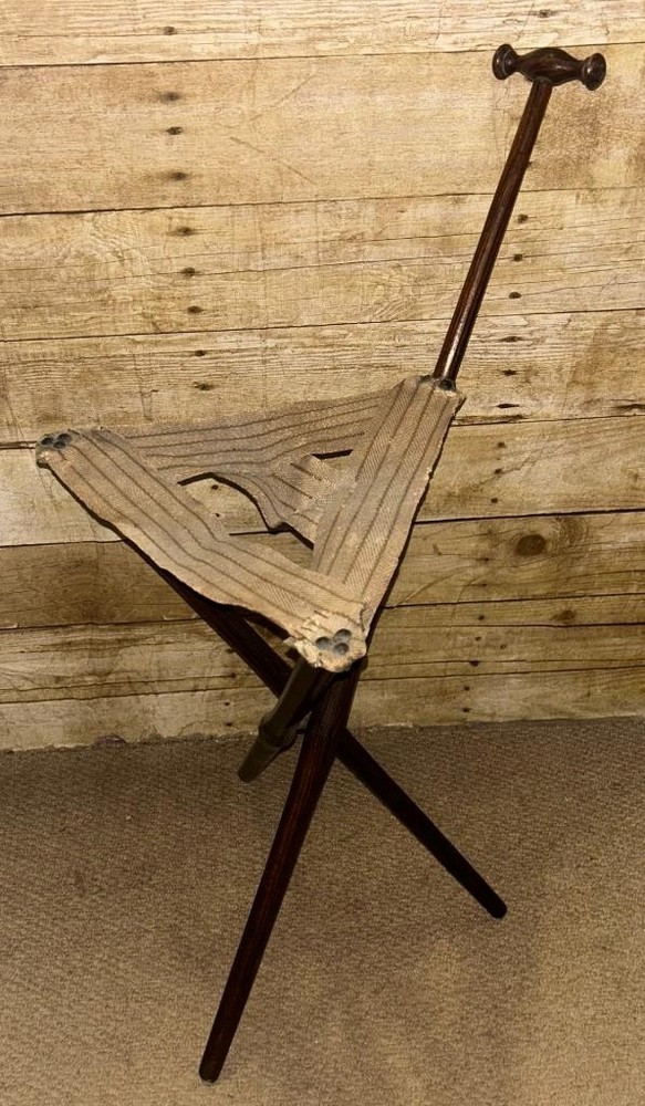 Antique Campaign Walking Stick Folding Tripod Stool - Canvas Strap Seat