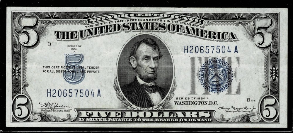 1934-A $5 SILVER CERTIFICATE NOTE~EXTREMELY FINE
