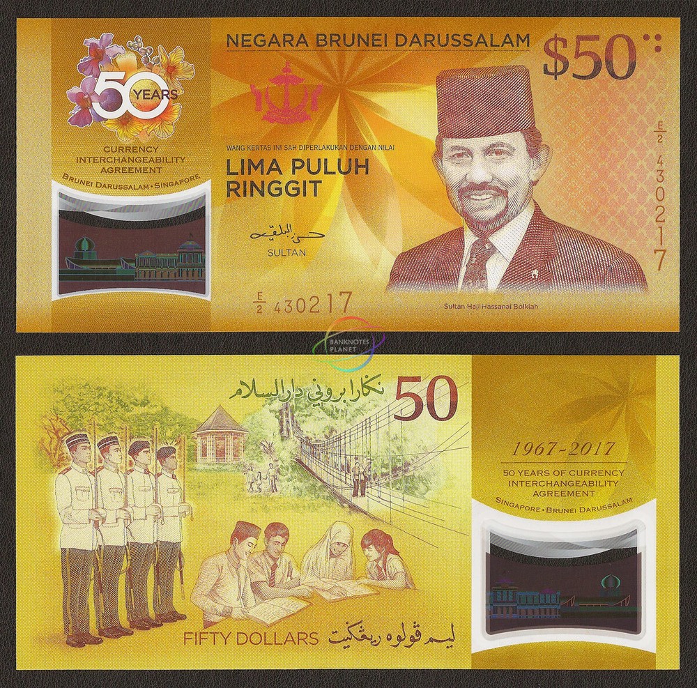 SINGAPORE BRUNEI 50 Dollars Ringgit SET 2 PCS COMM 2017 P-38 62 POLYMER UNC