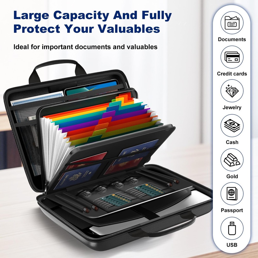 Best Fireproof Document Box Hard Case File Organizer with Lock and 13 Pocket