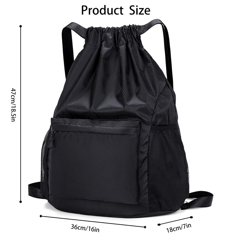 Dntorx Drawstring Backpack, Gym Bag with Water Bottle Pocket, Large, Black