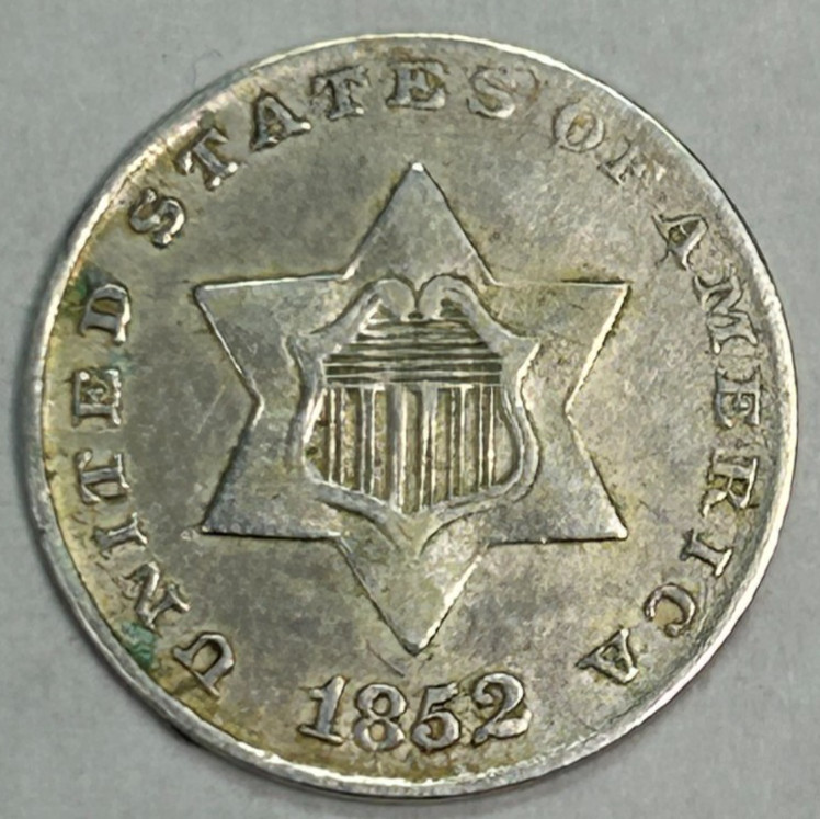 1852 Three Cent Silver AU w/rim nick