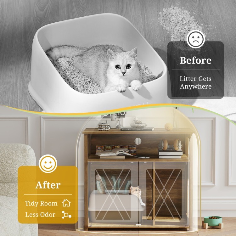 Cat Litter Box Enclosure Entry Box Barn Doors Side Table Divider W/Storage Shelf