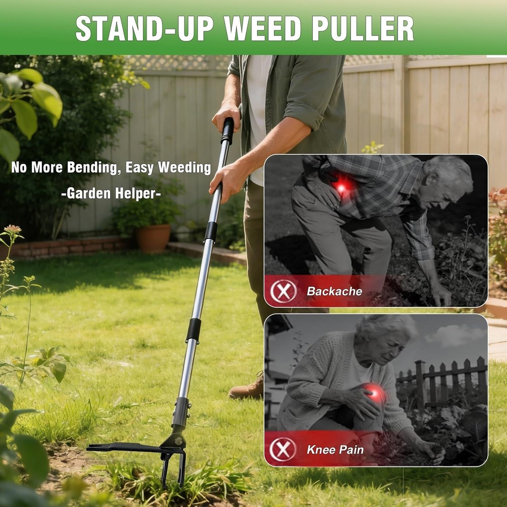 Weed Puller Tool, Heavy Duty Stand Up Weeder Tool with Long 4 Claw, black